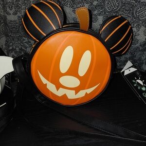 Disney Orange and Black Mickey Pumpkin Bag Purse Glows In The Dark